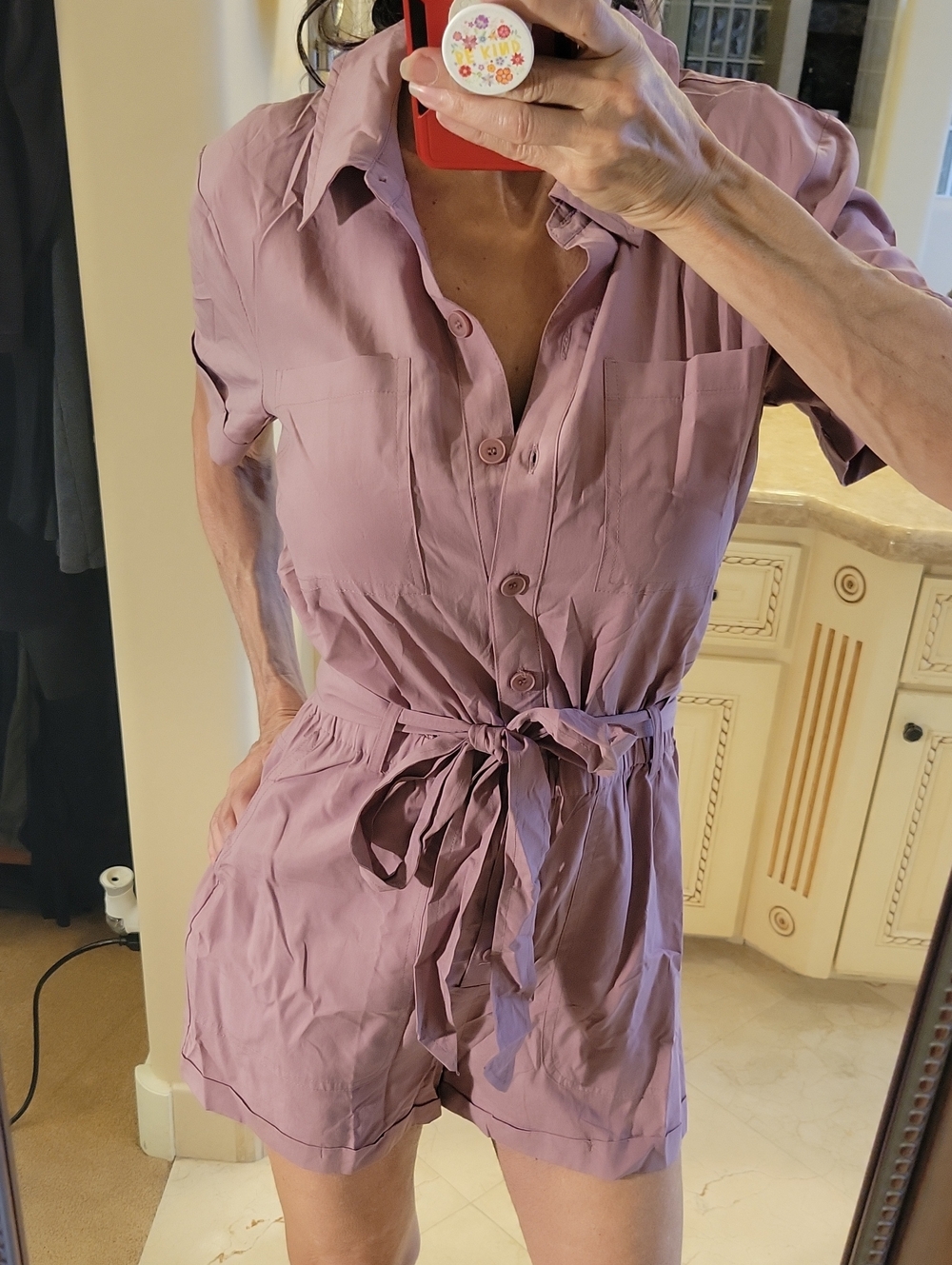 Mystree Lilac Short Sleeve Button Romper with Waist Tie, S